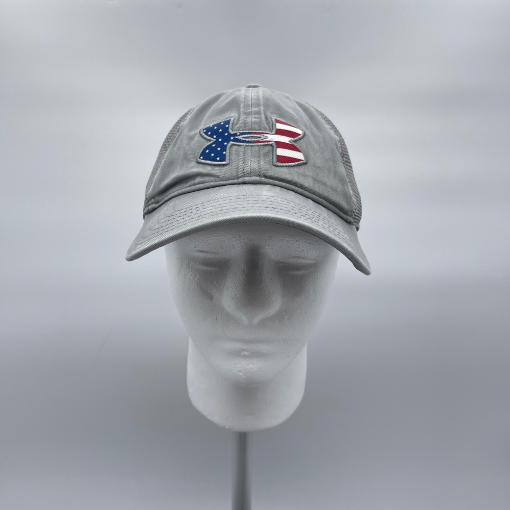 Under Armour 1254276 Mens OSFA Grey Trucker Hat American Flag Logo Snapback Cap
